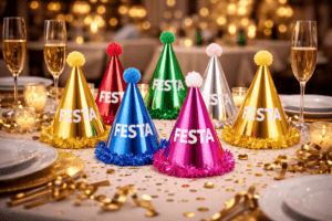 cappellini festa a tema festa di capodanno da indossare in testa per ospiti, amici, parenti. Articolo del party colorato e fatto con materiale cartoncino.