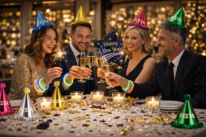 festa di capodanno con gente che festeggia con accessori quali, cappellini, lingue di menelik, stelle filanti, stelle scintillanti e braccialetti fluo