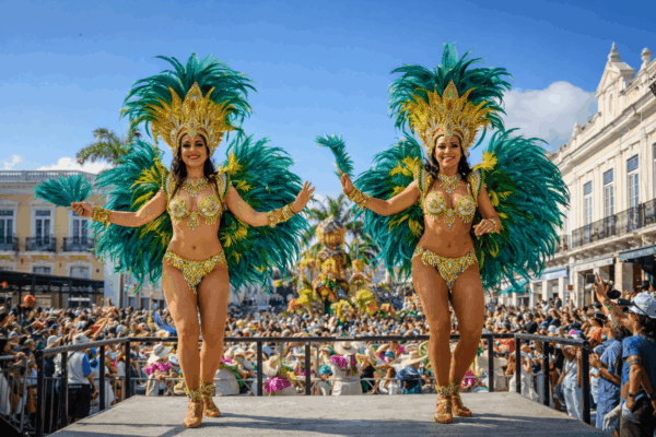 Ballerine brasiliane in costume tradizionale durante una sfilata di Carnevale per eventi pubblici e feste di piazza, con musica dal vivo e atmosfera coinvolgente