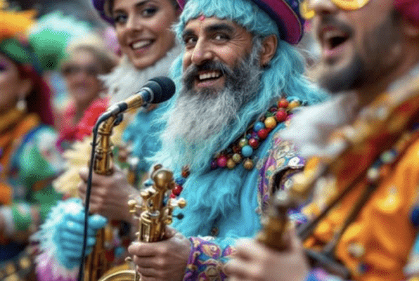 Crazy Band in parata musicale durante un evento pubblico di Carnevale, con costumi colorati, strumenti a fiato e forte coinvolgimento del pubblico