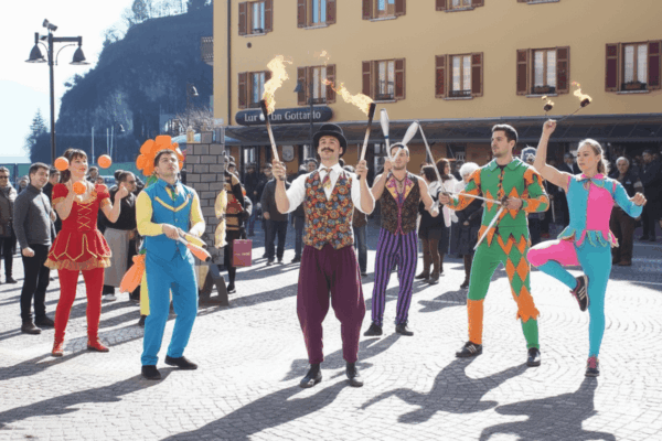 Giocolieri in parata animano il centro cittadino con numeri di abilità, giochi di fuoco e performance coreografate, creando uno spettacolo dinamico e adatto a carnevali, sagre ed eventi all’aperto