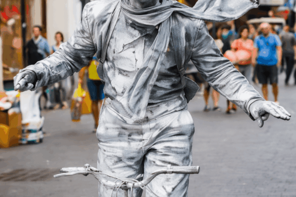 Statua vivente argento per eventi pubblici e Carnevale, performance visiva di forte impatto ideale per sagre e feste di piazza