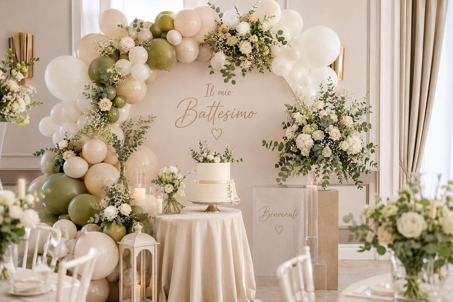 Allestimenti Battesimo con palloncini e fiori: idee eleganti e moderne